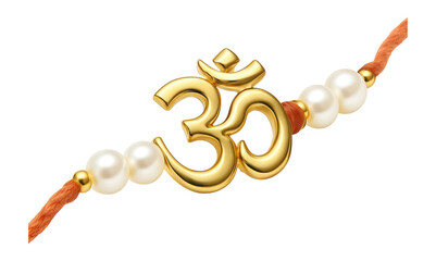 Gold Om symbol bracelet with pearls and orange thread, showcasing spiritual and cultural significance on transparent background.