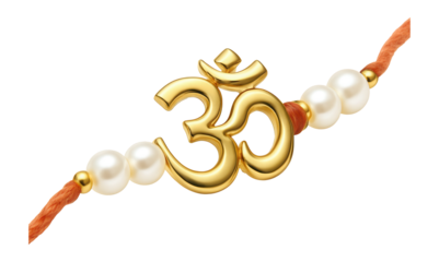 Gold Om symbol bracelet with pearls and orange thread, showcasing spiritual and cultural significance on transparent background.