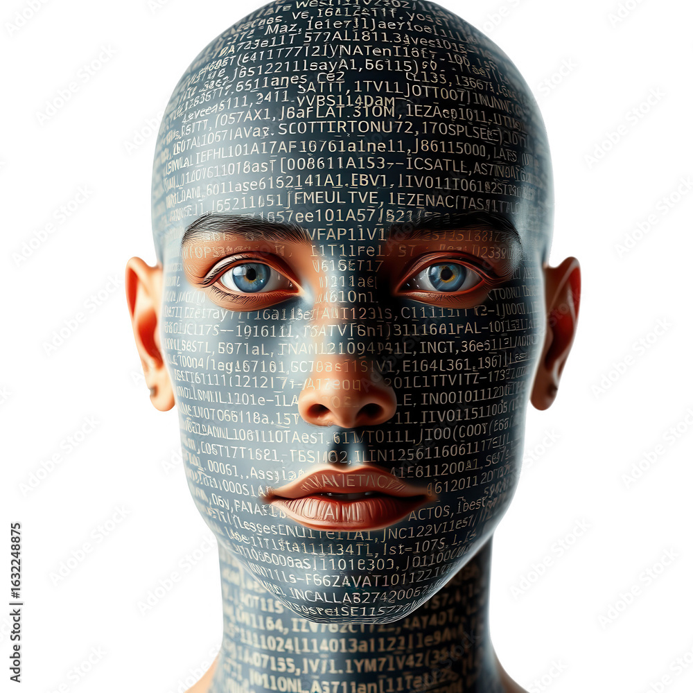 Poster a conceptual image of a human face covered in digital code representing artificial intelligence and 