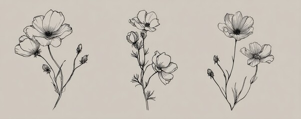 Elegant black and white line art illustrations of three separate cosmos flower arrangements