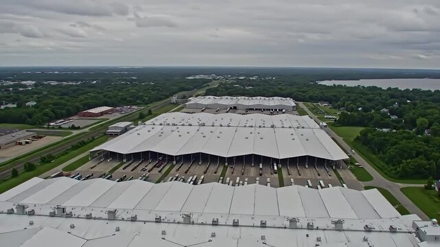 Gigantic US Auto Plant Drone View: Overcast Skies, Forest Shoreline