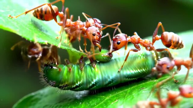 Ant Colony Attacking Caterpillar on Leaf