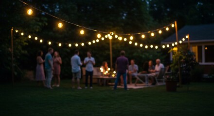 Backyard gathering under festive lights