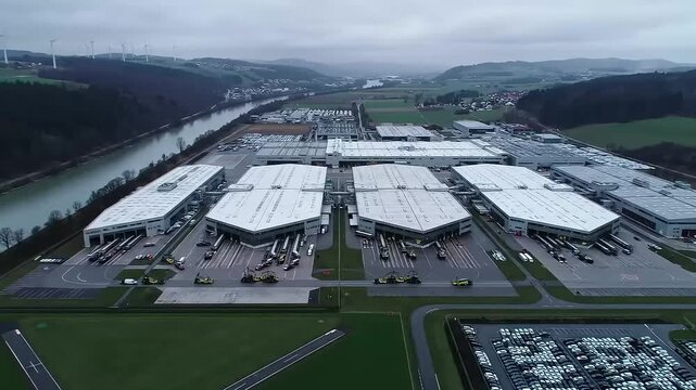 Industrial Germany Aerial: Car Factory with Robotic Automation, Test Tracks & Parked Cars Under Overcast Sky