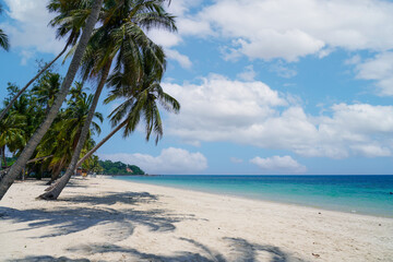 A scenic view of sandy beach with coconut trees against blue sky with cloud in the background in summer, presenting a breathtaking sea scenery in Thung Wua Laen Beach, Chumphon, Thailand.