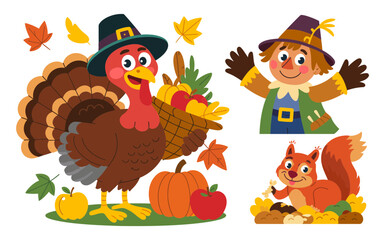 Fototapeta premium Thanksgiving characters and autumn elements turkey scarecrow