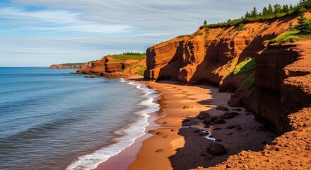 Red cliffs and sandy beach on the coast of prince edward island