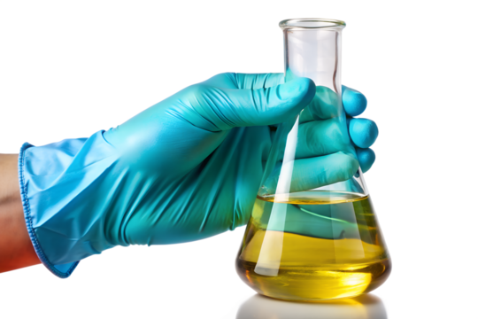 Gloved Hand Holding Erlenmeyer Flask – Laboratory Safety And Chemistry (Png)