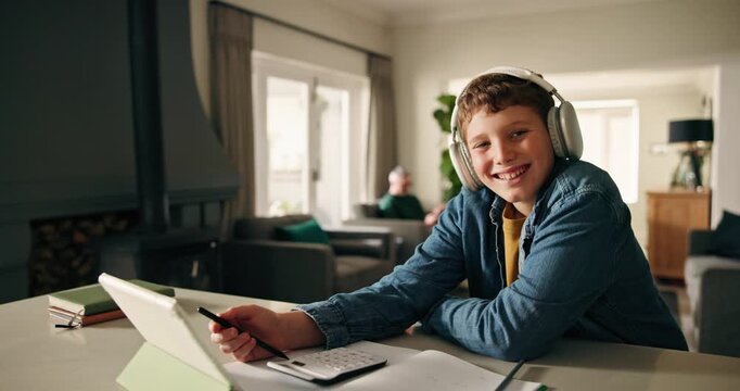 Tablet, headphones and face of happy child with online education, laugh or math homework. Tech, student and portrait of boy with audio for elearning, virtual class or stylus for lesson in home school
