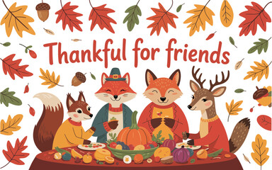 Thanksgiving woodland creatures sharing feast autumn leaves