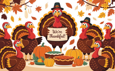 Naklejka premium Thanksgiving turkeys with pies and pumpkins autumn