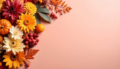 Vibrant autumn floral arrangement with pumpkins cozy indoor setting decorative elements bountiful harvest close-up view fall aesthetic