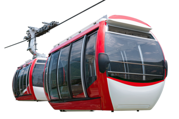 Two red and white cable cars in motion