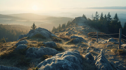 Panoramic view of a sunlit mountain landscape in summer, with lush green slopes, clear  sky, and distant peaks. Vibrant natural scene with bright sunlight. AI-generated, photorealistic image.