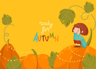 Cartoon Little Girl Sitting on Big Pumpkin