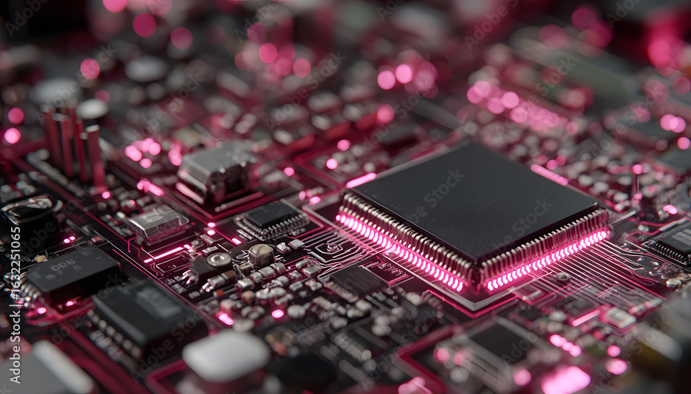 Poster close-up of advanced computer circuitry with neon pink lights illuminating microchips, processors. d