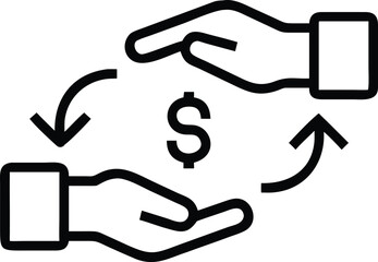 Vector art of money transfer and exchange icon with dollar symbol between two hands and arrows, isolated on white background