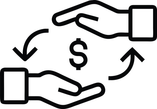 Vector art of money transfer and exchange icon with dollar symbol between two hands and arrows, isolated on white background