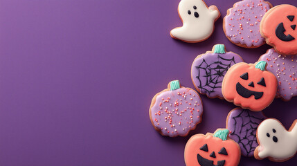 halloween sugar cookies with smiling ghost and pumpkin designs on purple background – ideal for seasonal advertisements, party invitations, or festive baking blog content, copy text