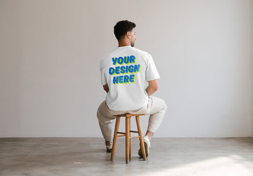 Mockup Of Man Wearing Customized T-Shirt, Rear View On Stool