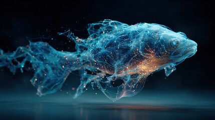 Abstract fish, translucent, flowing lines, particles