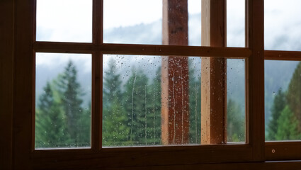 Fototapeta premium Window with rain on it and trees in the background