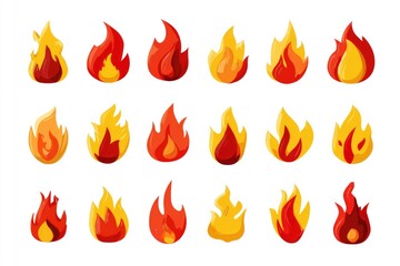 Set of cartoon fire icons in various shapes and sizes