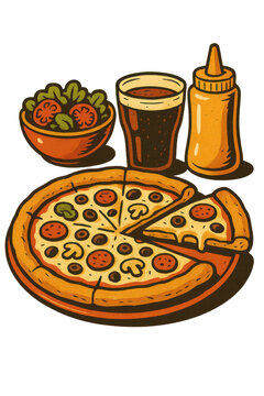 Retro pizza meal illustration with cola, salad, mustard, and pepperoni pizza in vintage cartoon style without background
