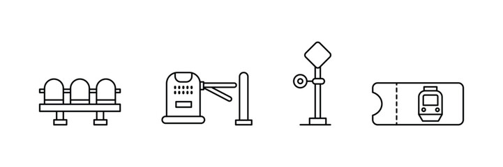 Railway station waiting area icon vector illustration with seat barrier signal pass ticket travel transit entry outline symbol design.