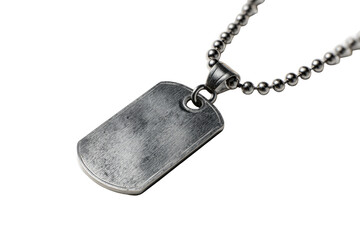 A  metal dog tag pendant on a beaded chain