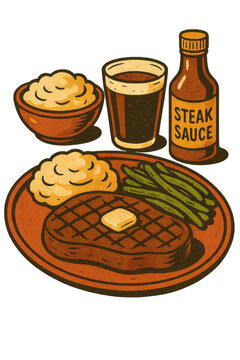 Retro steak dinner illustration with mashed potatoes, green beans, cola and steak sauce in vintage cartoon style without background
