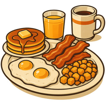 Retro American breakfast illustration with eggs, bacon, pancakes, hash browns, orange juice, and coffee in vintage cartoon style without background
