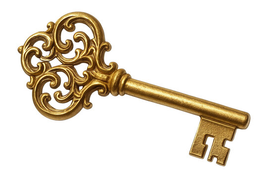 Ornate antique-style gold key with intricate filigree design on transparent background.