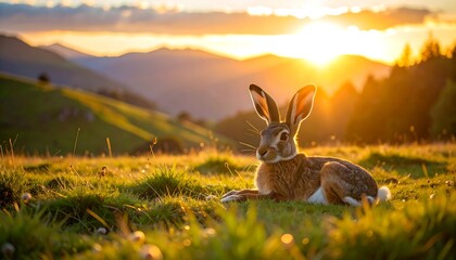 European hare resting on a golden meadow bathed in the warm glow of sunrise