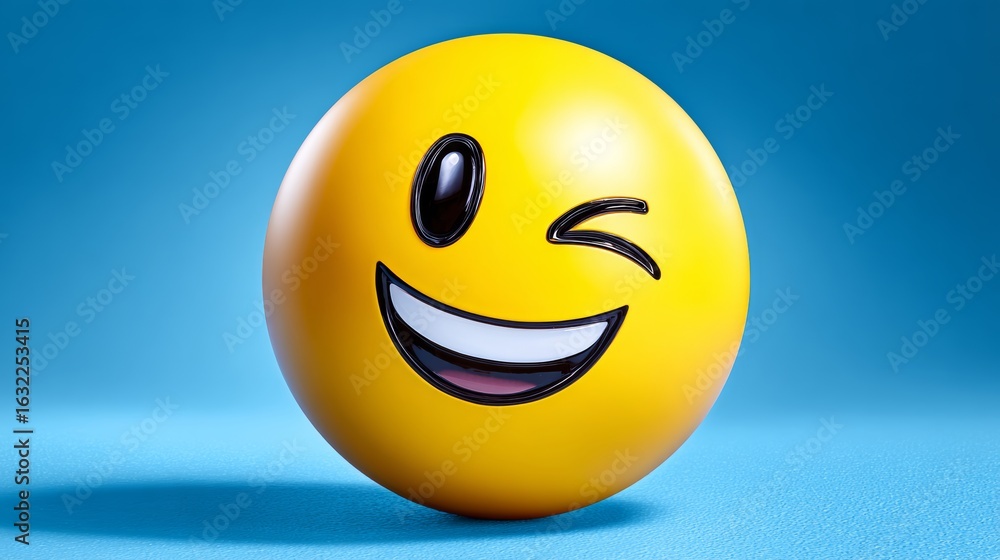 Poster yellow smiley face with a wink on its right eye. the image conveys a lighthearted and playful mood