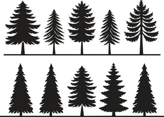 Obraz premium Black Silhouette Pine Fir Trees Forest Landscape Elements white background