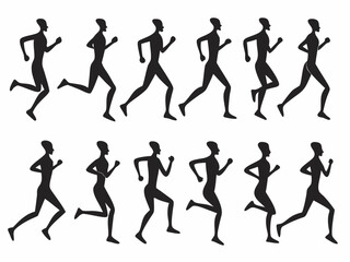 Twelve Black Silhouette Figures Running in Formation on a White Background Demonstrating Motion and Speed silhouette