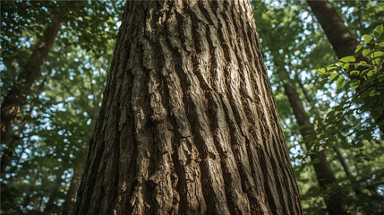 Detailed Close-Up Texture of Tree Bark in a Forest. A close-up photograph showing the rugged and natural texture of tree bark in a dense forest. The rich details and lighting highlight the texture.