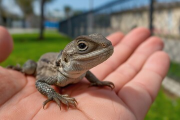 Pet lizard rests calmly on child&rsquo;s hand with soft grass background
