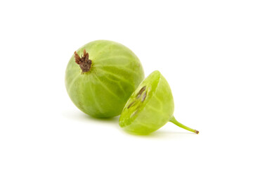 Fresh green gooseberry fruit, whole and halved, showcasing vibrant color and texture, placed on a clean white background for a bright and appealing presentation