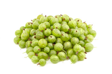 Fresh green gooseberries piled together on a clean white background, showcasing their round shape, smooth skin, and vibrant color, perfect for culinary use or healthy snacking
