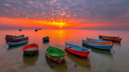 Fototapeta premium Colorful Boats at Sunset Over Calm Sea