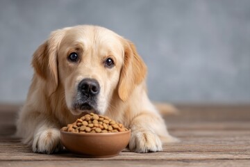 Golden retriever with bowl of dog food indoors