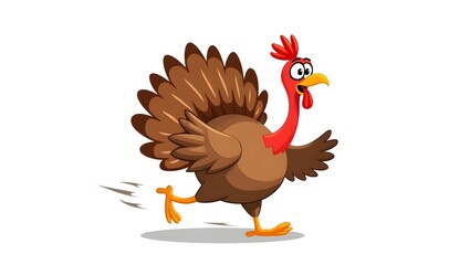 A funny cartoon turkey running with exaggerated motion and expressive face, feathers flapping wildly,