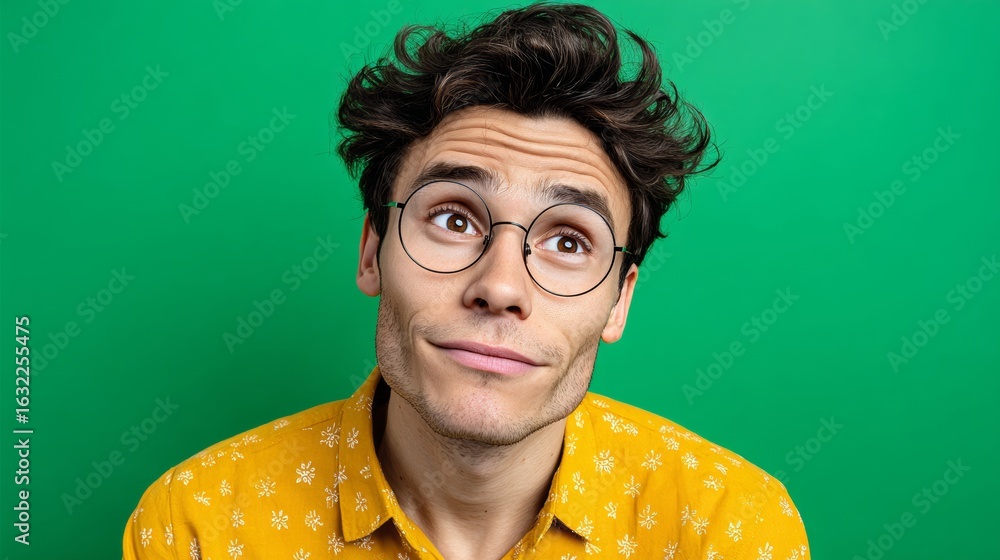 Poster man with glasses is looking at the camera with a puzzled expression. the image has a curious and tho