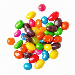 Colorful, glossy, chocolate-covered candies in various shades of red, orange, yellow, green, blue, and brown, scattered on a white background