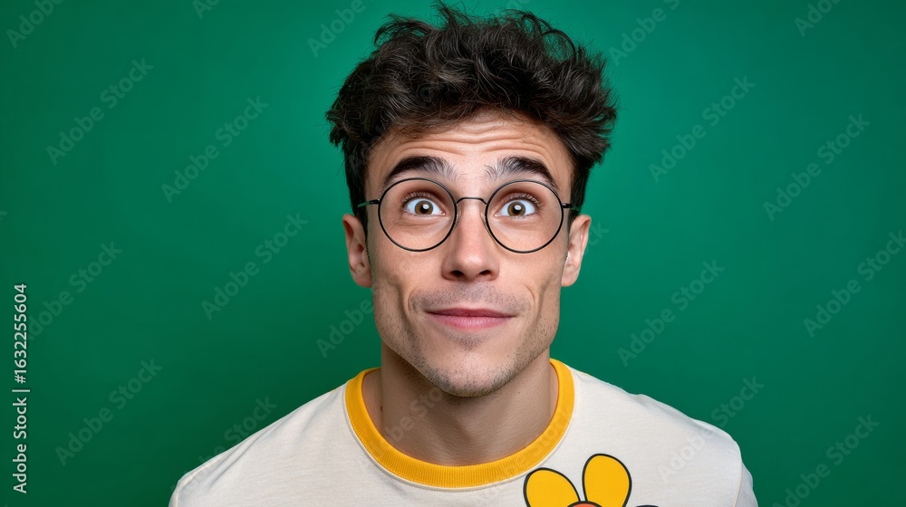 Aufkleber man with glasses is smiling and looking at the camera. the image has a cheerful and friendly mood