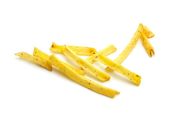 Potato stick chips arranged artistically on a clean white background, showcasing their crispy texture and golden color, perfect for snacking and culinary presentations