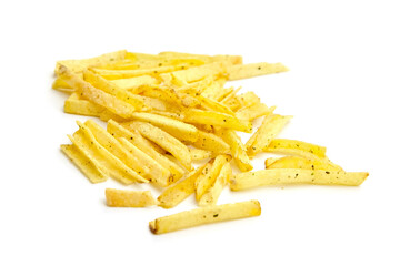 Potato stick chips scattered on a white background, showcasing their crispy texture and golden color, perfect for snacking and culinary presentations with copy space