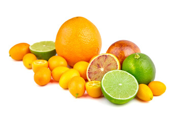 Assorted citrus fruits including oranges, limes, lemons, and kumquats arranged artistically on a white background, showcasing vibrant colors and fresh textures for culinary inspiration